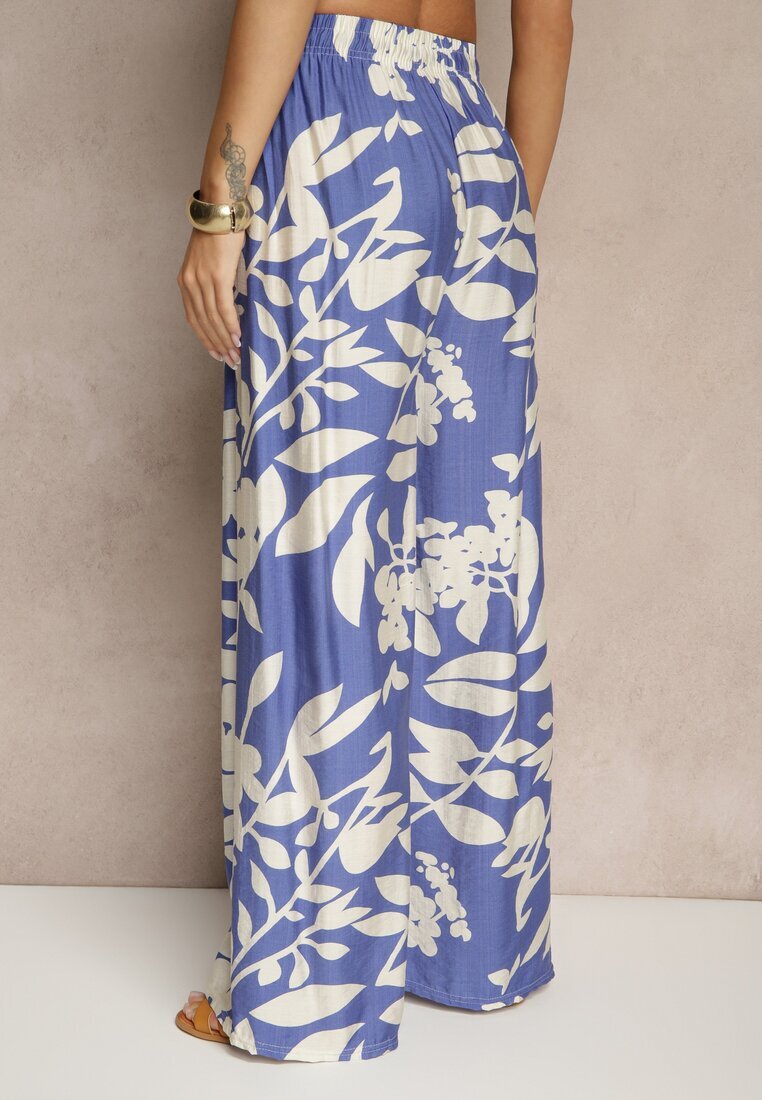 j&x Pantaloni Albaștri Larghi din Viscoză cu Talie Înaltă cu Imprimeu Floral Elaneora