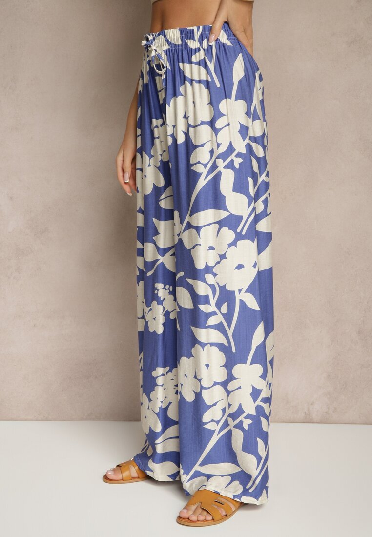 j&x Pantaloni Albaștri Larghi din Viscoză cu Talie Înaltă cu Imprimeu Floral Elaneora