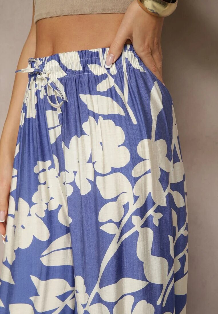 j&x Pantaloni Albaștri Larghi din Viscoză cu Talie Înaltă cu Imprimeu Floral Elaneora