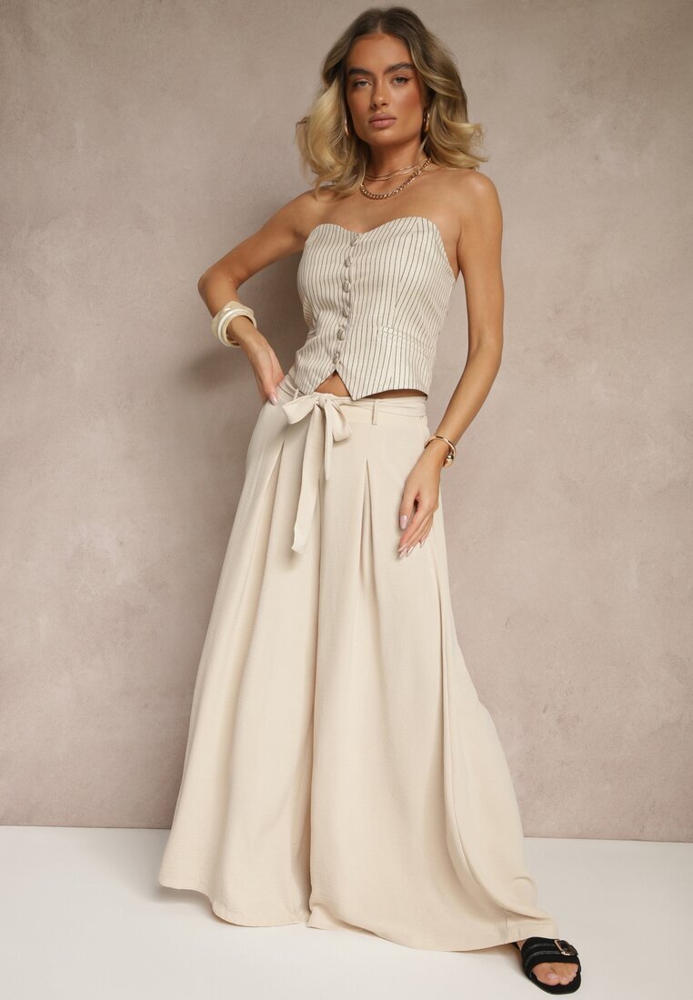 j&x Pantaloni Bej cu bumbac cu croială largă High Waist cu curea Iveleldi