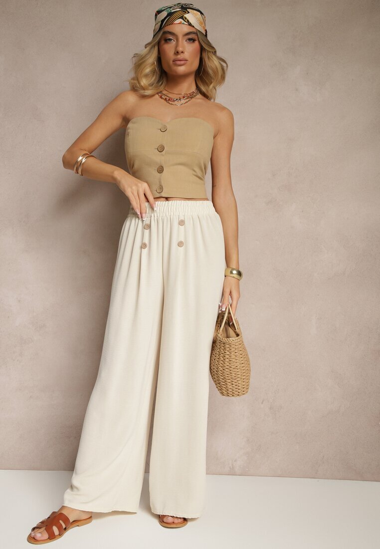 j&x Pantaloni Bej deschis cu Bumbac cu croi larg Talie înaltă Decorați cu nasturi Morritia