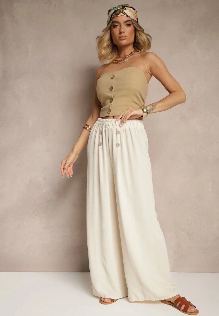j&x Pantaloni Bej deschis cu Bumbac cu croi larg Talie înaltă Decorați cu nasturi Morritia