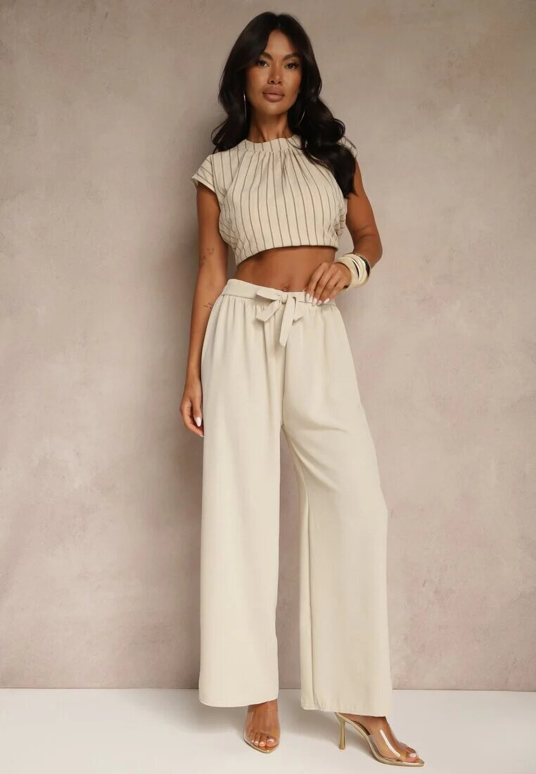 j&x Pantaloni Bej deschis cu picioare largi și centură cusută în talie Atita
