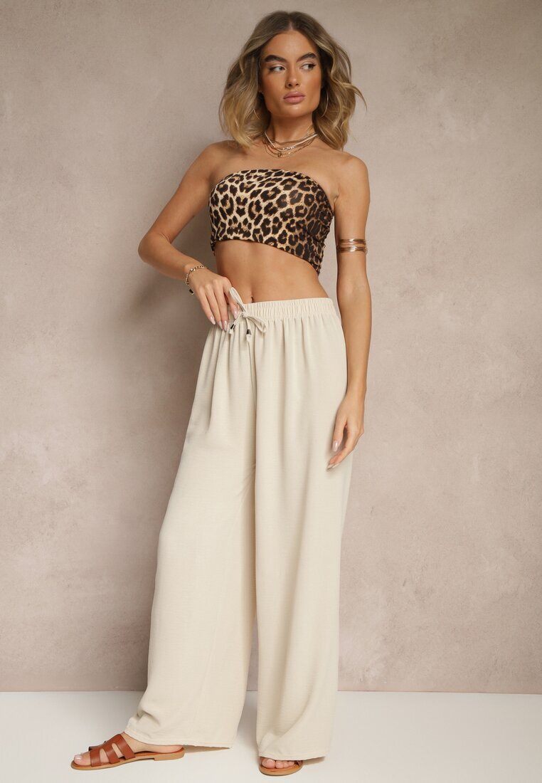 j&x Pantaloni Bej deschis din bumbac cu croială largă cu legătură Rosanelisa