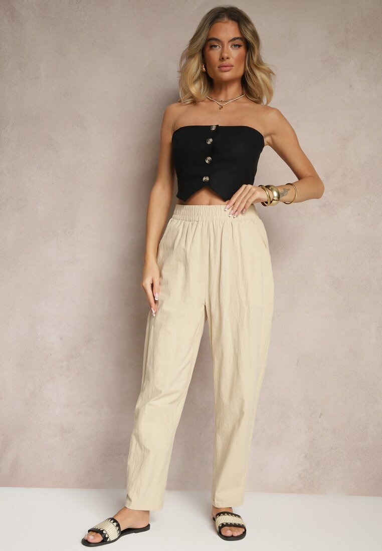 j&x Pantaloni Bej din Bumbac High Waist Sonirea
