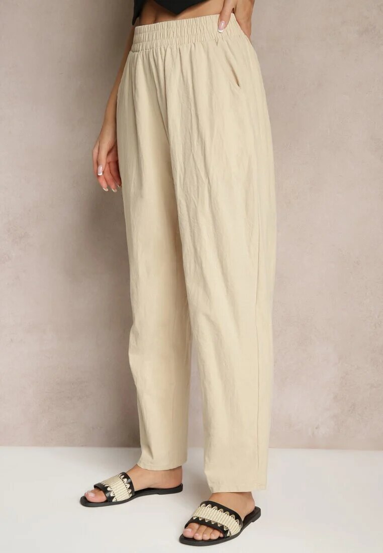 j&x Pantaloni Bej din Bumbac High Waist Sonirea