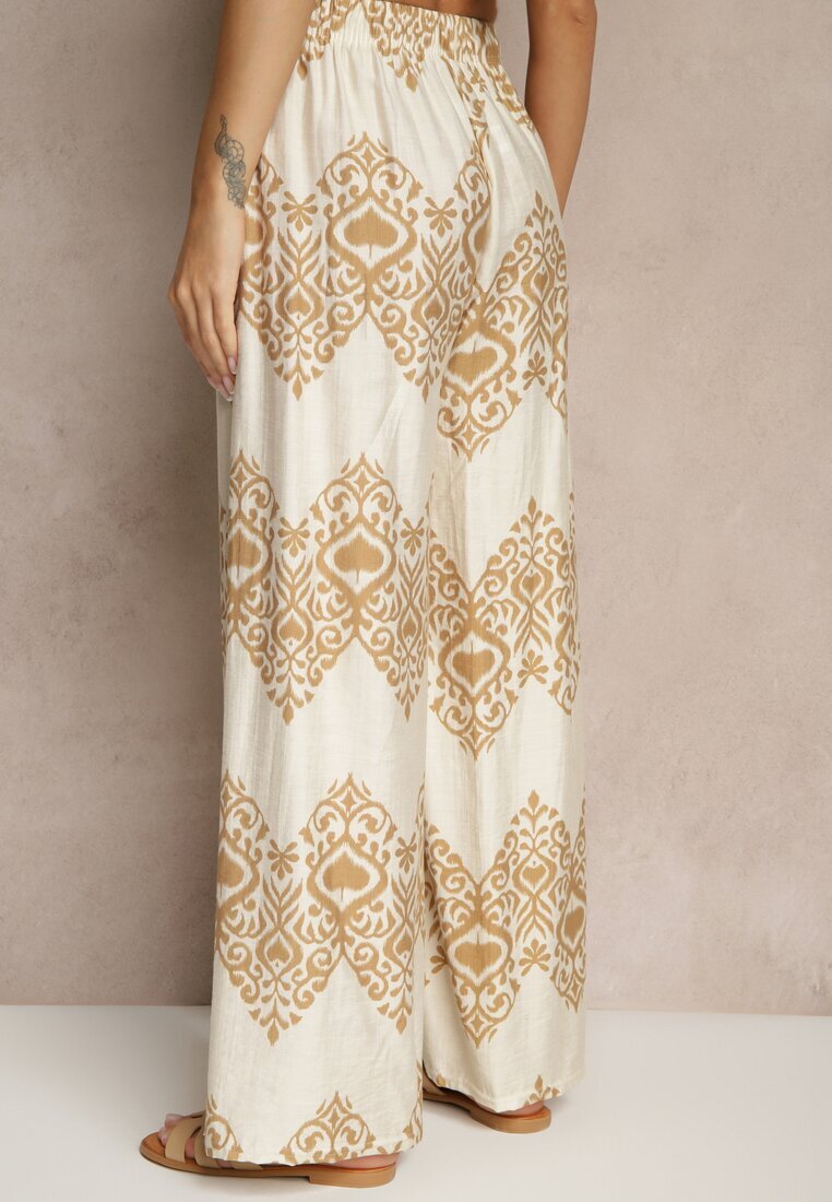 j&x Pantaloni Bej din viscoză cu croială largă Talie înaltă cu imprimeu Boho Neolissea