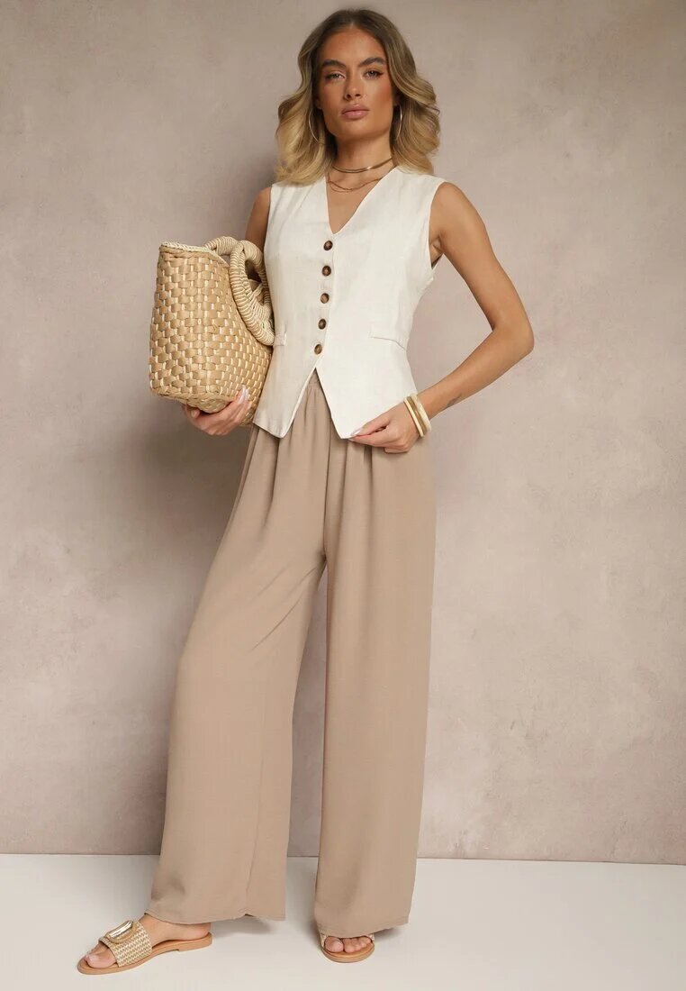 j&x Pantaloni Bej închis Largi Talie înaltă cu cordon în talie Reivaritta