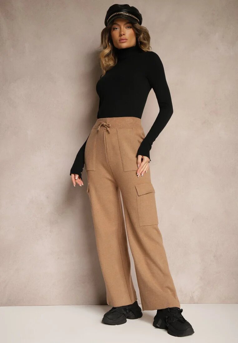 j&x Pantaloni Bej închis Largi Tricotați cu Elastic în Talie și Buzunare Emithlera