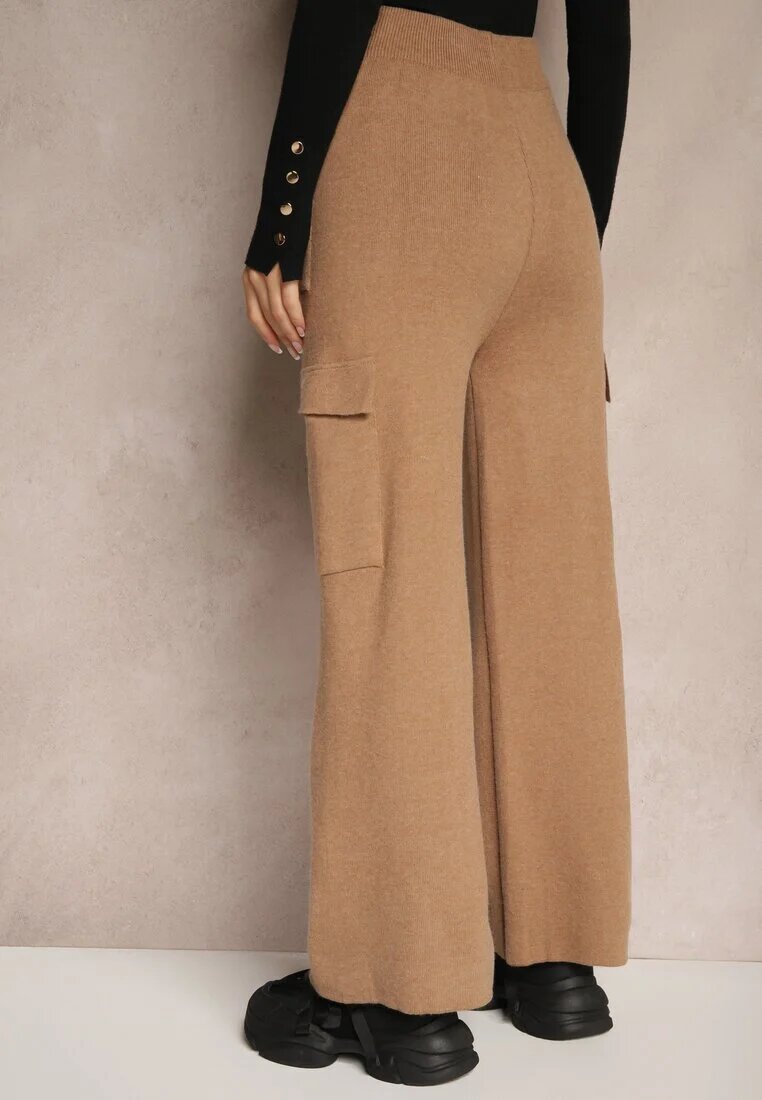 j&x Pantaloni Bej închis Largi Tricotați cu Elastic în Talie și Buzunare Emithlera