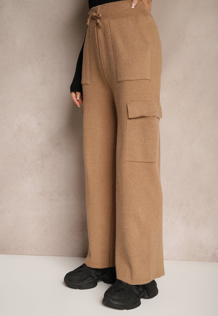 j&x Pantaloni Bej închis Largi Tricotați cu Elastic în Talie și Buzunare Emithlera