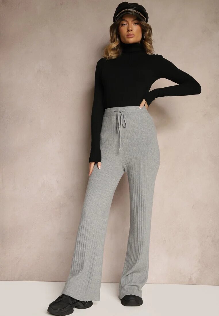 j&x Pantaloni gri din tricot cu nervuri cu croială largă și elastic în talie Emandoria