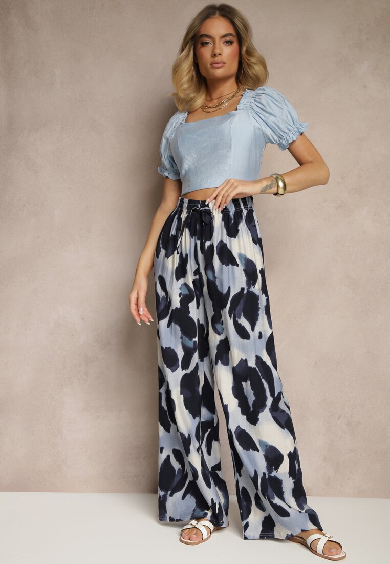 j&x Pantaloni Largi Albastri High Waist cu Viscoză cu Imprimeu Leopard Zeviera
