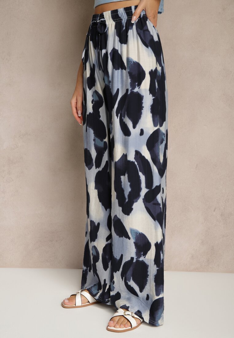 j&x Pantaloni Largi Albastri High Waist cu Viscoză cu Imprimeu Leopard Zeviera