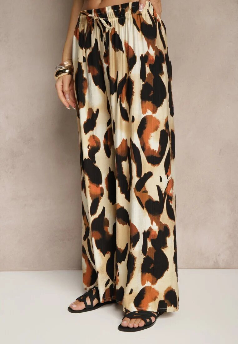 j&x Pantaloni Largi Bej Talie înaltă cu viscoză cu imprimeu leopard Zeviera