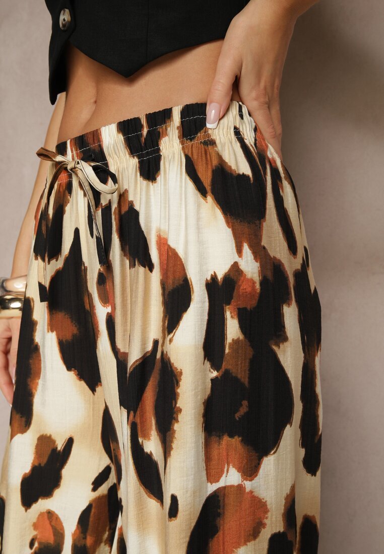 j&x Pantaloni Largi Bej Talie înaltă cu viscoză cu imprimeu leopard Zeviera