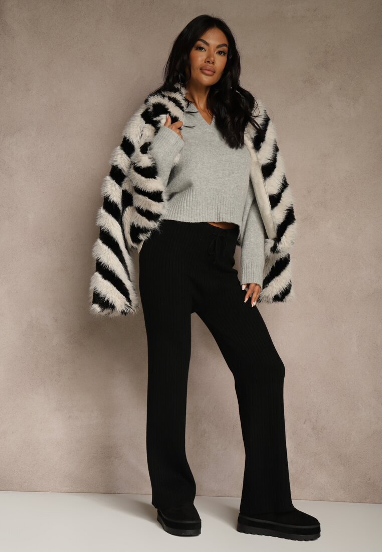 j&x Pantaloni Largi Negri cu Lână High Waist din Material Reiat Reinna