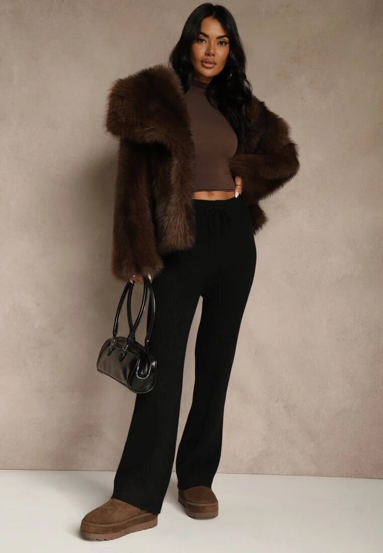 j&x Pantaloni Largi Negri cu Lână High Waist din Material Reiat Reinna