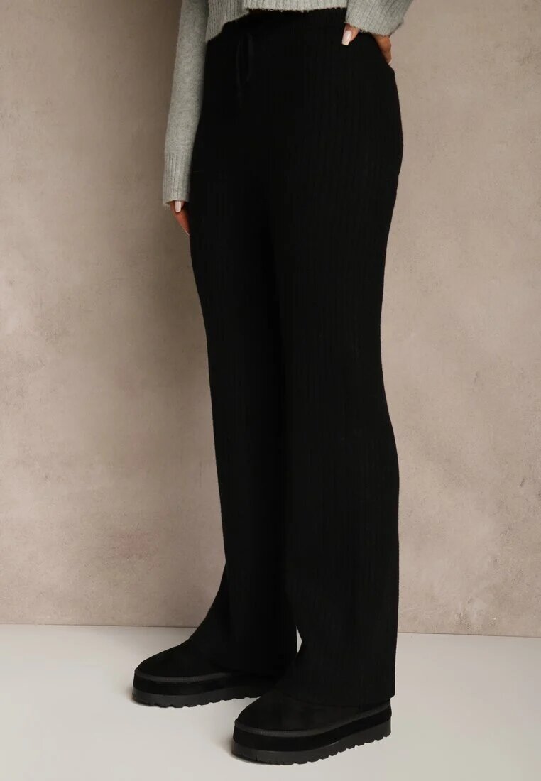 j&x Pantaloni Largi Negri cu Lână High Waist din Material Reiat Reinna