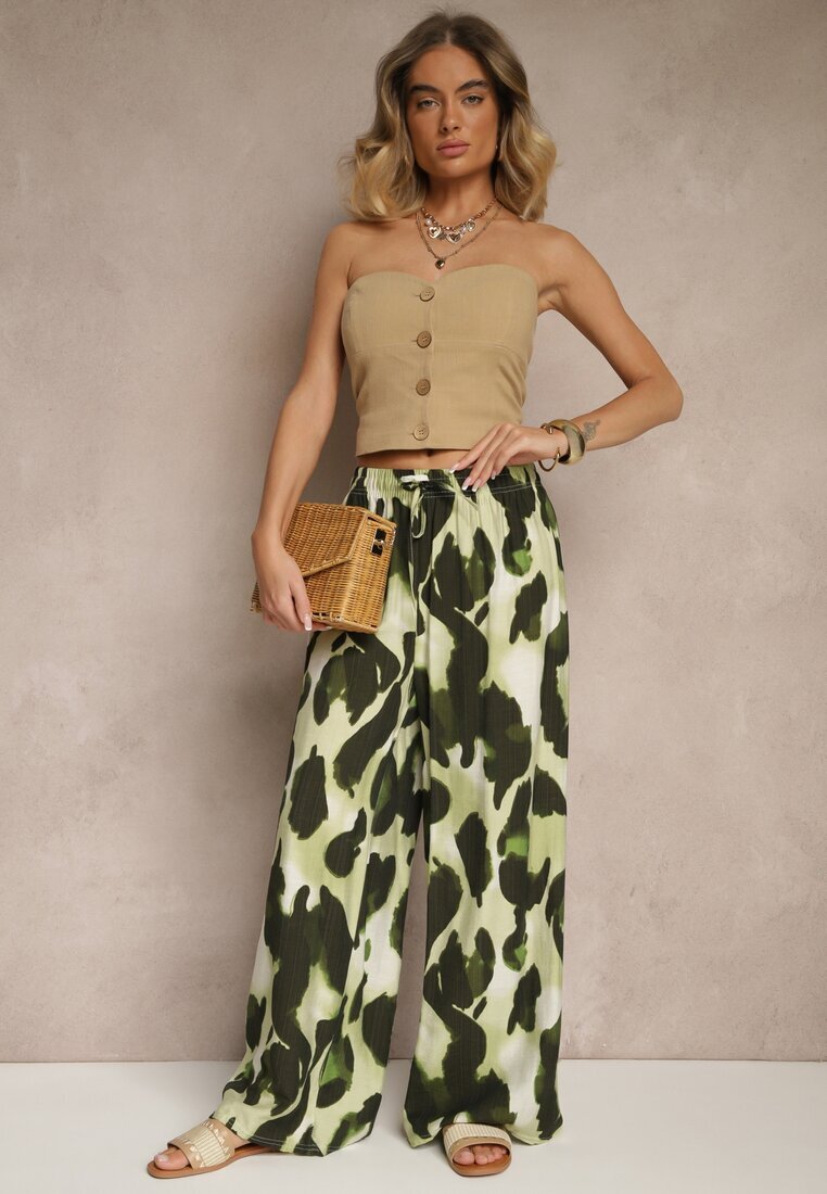 j&x Pantaloni largi verde deschis cu talie înaltă din viscoză cu imprimeu leopard Zeviera
