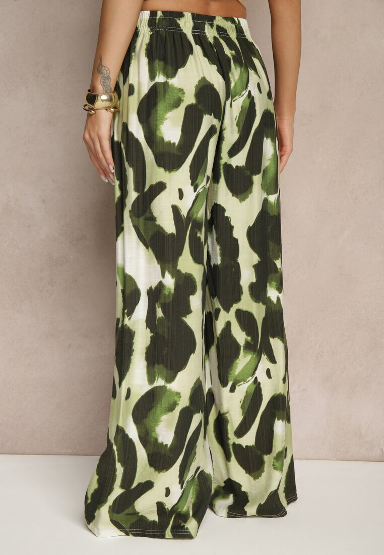j&x Pantaloni largi verde deschis cu talie înaltă din viscoză cu imprimeu leopard Zeviera