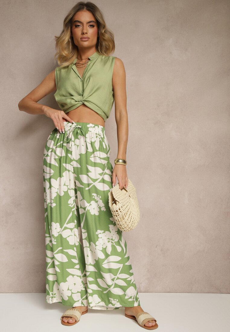 j&x Pantaloni Largi Verde închis din Viscoză Talie Înaltă cu Imprimeu Floral Elaneora