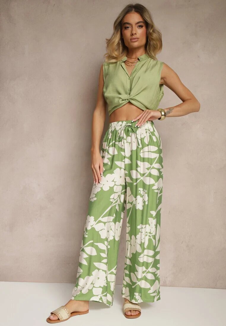 j&x Pantaloni Largi Verde închis din Viscoză Talie Înaltă cu Imprimeu Floral Elaneora