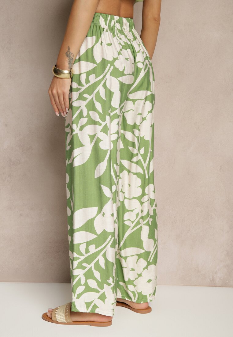 j&x Pantaloni Largi Verde închis din Viscoză Talie Înaltă cu Imprimeu Floral Elaneora