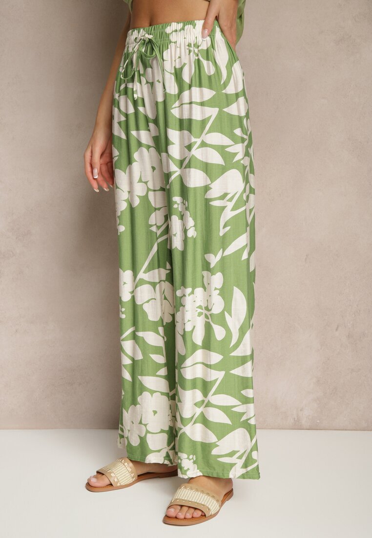 j&x Pantaloni Largi Verde închis din Viscoză Talie Înaltă cu Imprimeu Floral Elaneora
