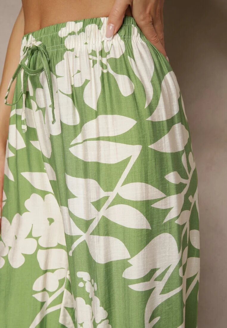 j&x Pantaloni Largi Verde închis din Viscoză Talie Înaltă cu Imprimeu Floral Elaneora