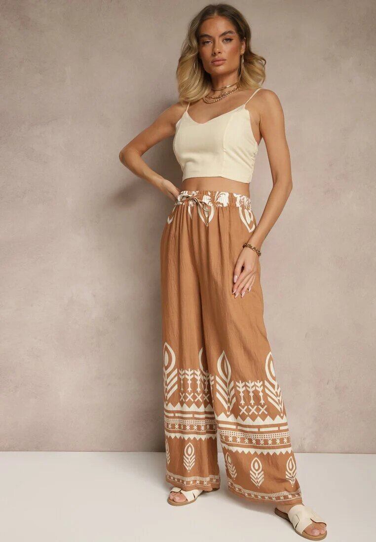 j&x Pantaloni Maro Largi din Viscoză cu Elastic în Talie Decorați cu Model Etnic Soleldi