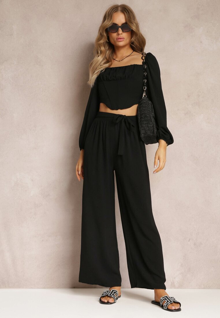 j&x Pantaloni negri cu picioare largi și curea cusută în talie Atita