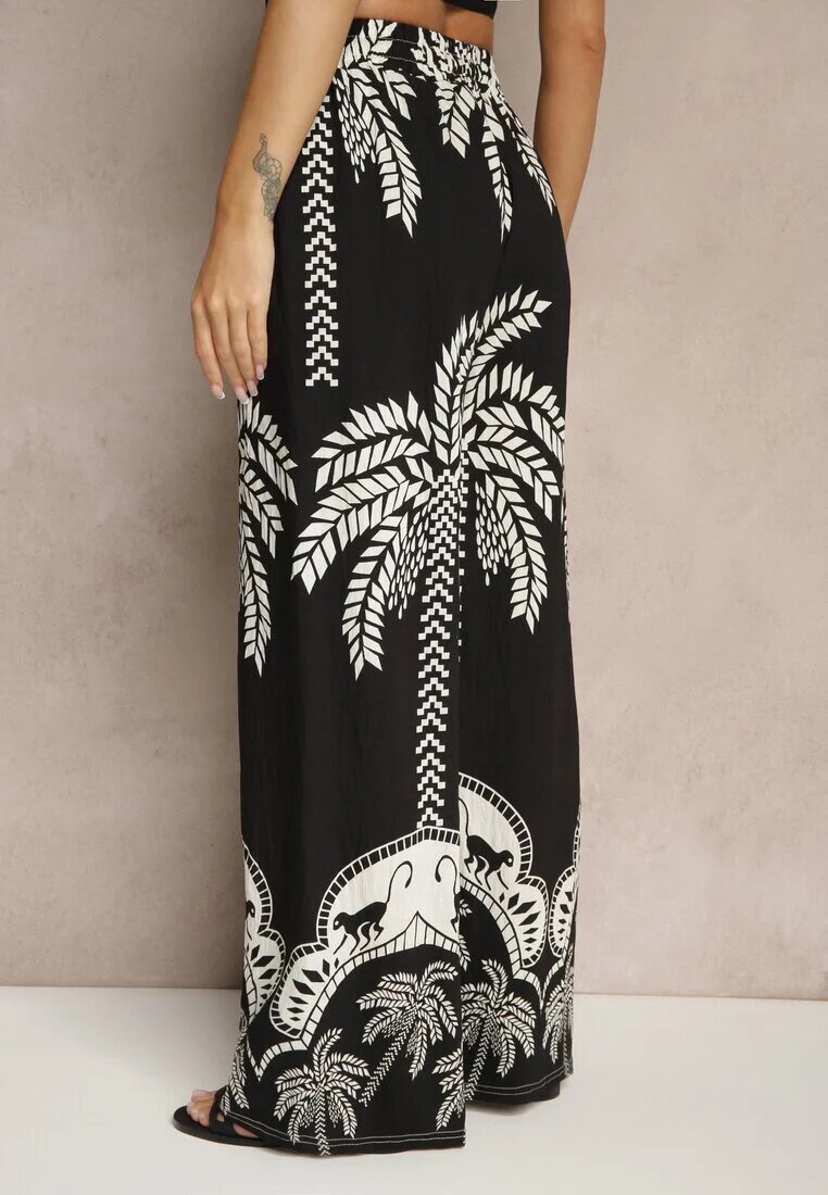j&x Pantaloni Negri din Viscoză cu Croi Larg High Waist cu Palmieri Varritia