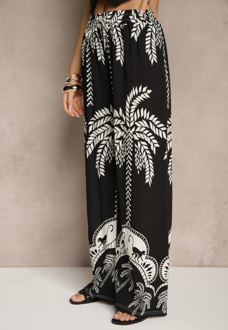 j&x Pantaloni Negri din Viscoză cu Croi Larg High Waist cu Palmieri Varritia