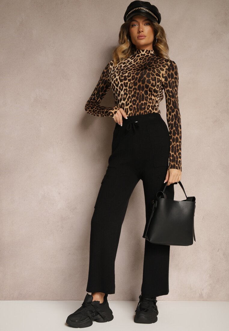j&x Pantaloni Negri Largi Tricotați cu Talie Elastică și Buzunare Emithlera