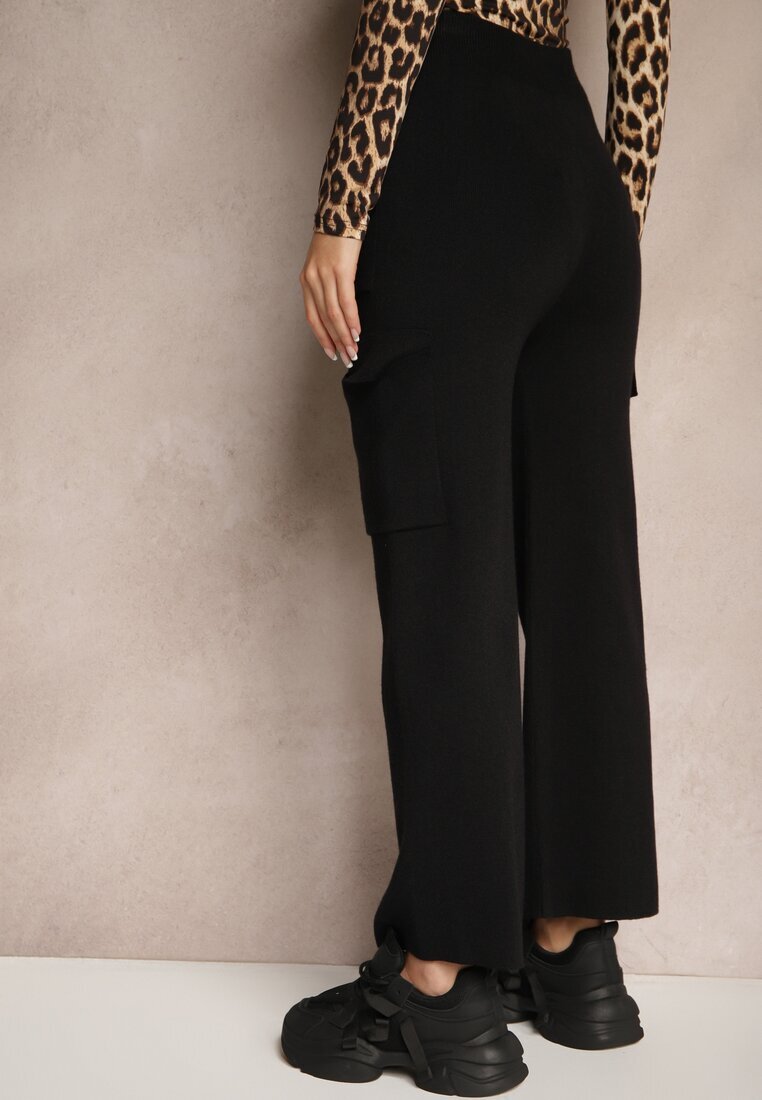 j&x Pantaloni Negri Largi Tricotați cu Talie Elastică și Buzunare Emithlera