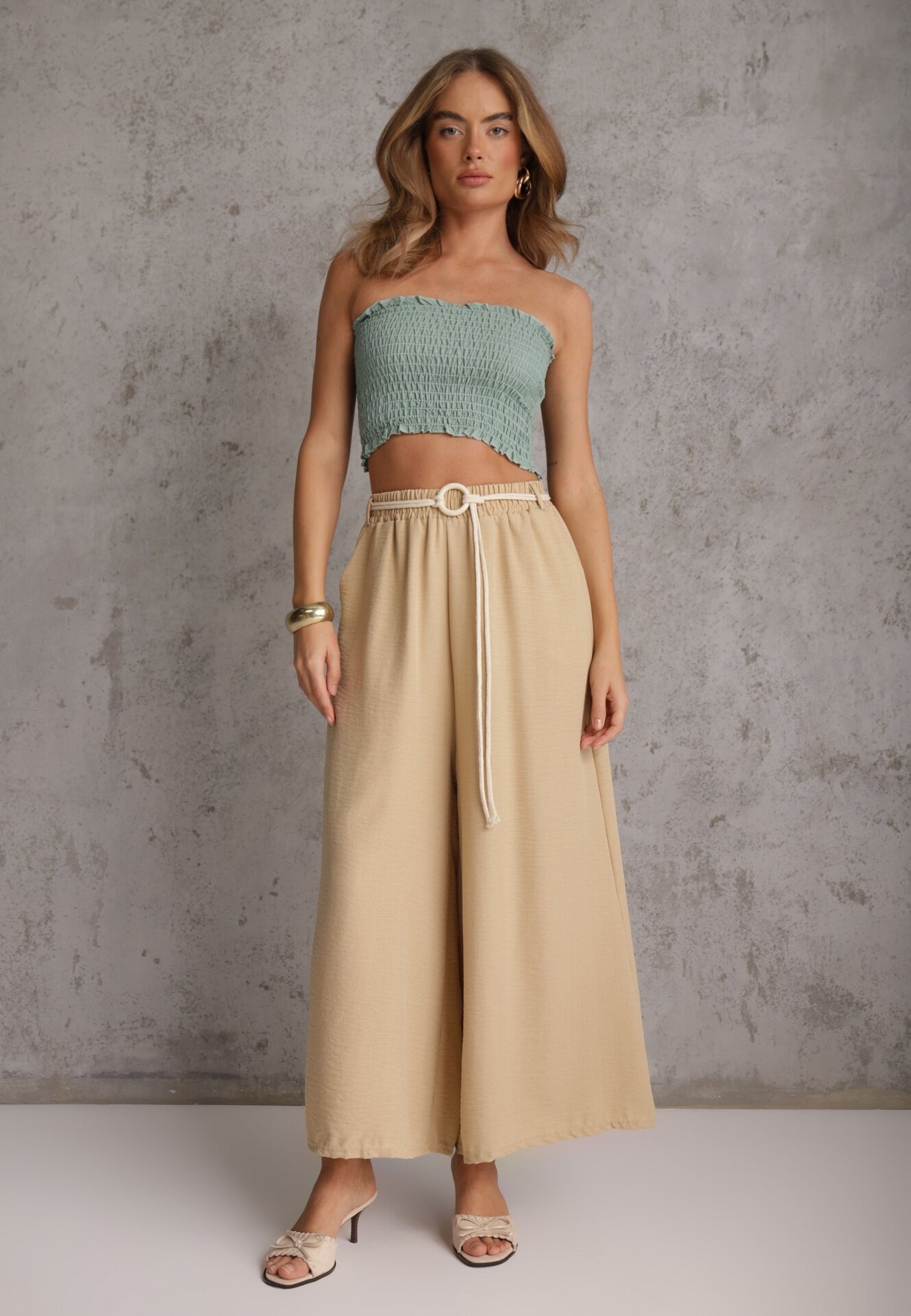 j&x Pantaloni palazzo din vâscoză cu talie înaltă decorați cu dungi și șnur Alemea Bej
