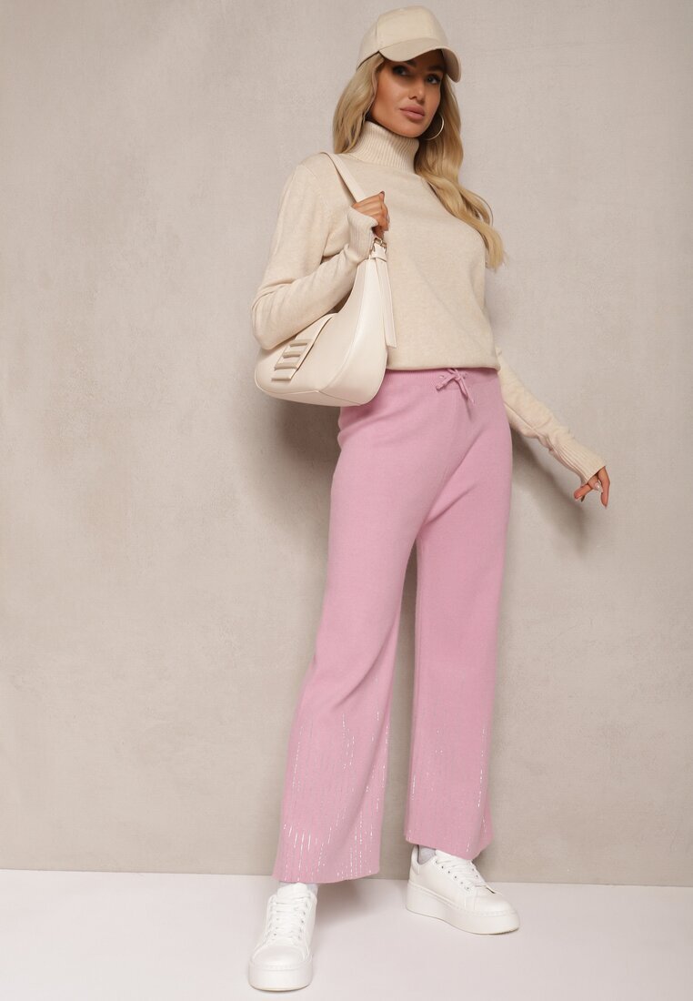 j&x Pantaloni roz cu croială largă High Waist cu zirconii și elastic în talie Loreitha