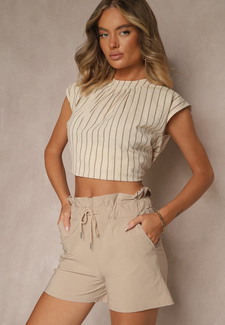 j&x Pantaloni scurți Bej cu Bumbac High Waist cu Șnur Decorativ Axemia
