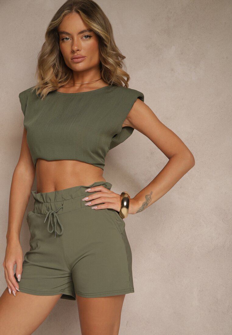 j&x Pantaloni scurți Verzi din bumbac High Waist cu șnur decorativ Axemia