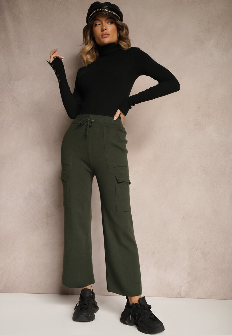 j&x Pantaloni verde închis largi tricotați cu elastic în talie și buzunare Emithlera