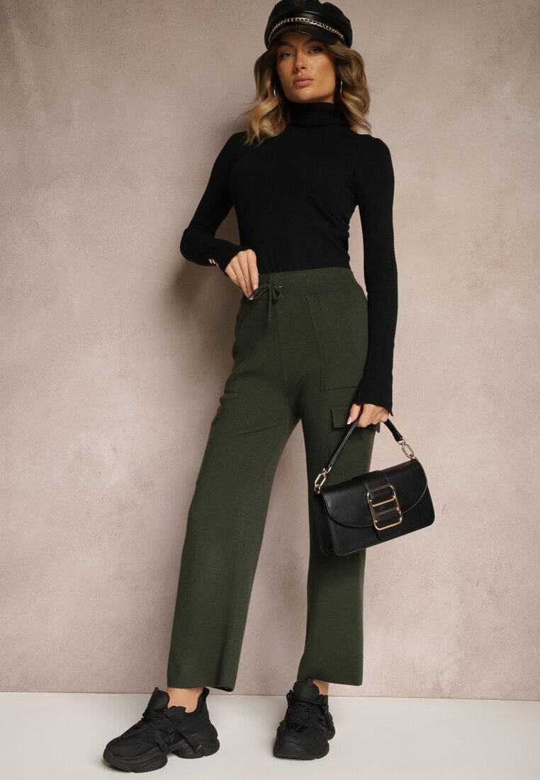 j&x Pantaloni verde închis largi tricotați cu elastic în talie și buzunare Emithlera