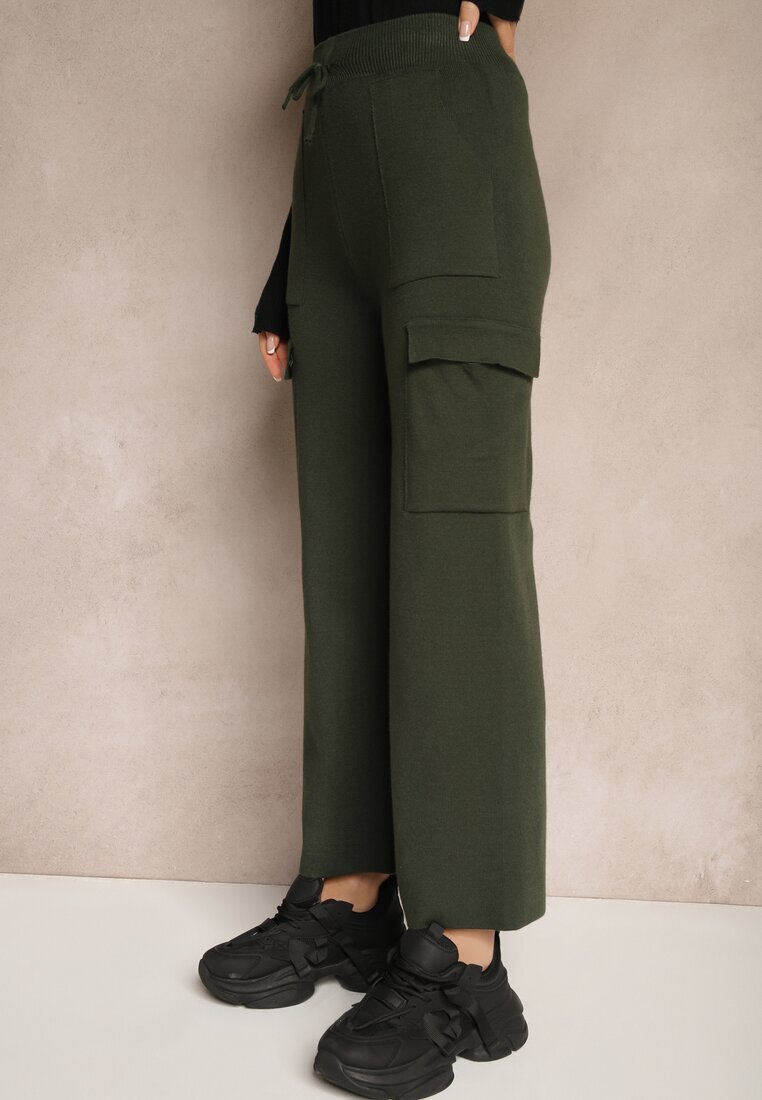 j&x Pantaloni verde închis largi tricotați cu elastic în talie și buzunare Emithlera
