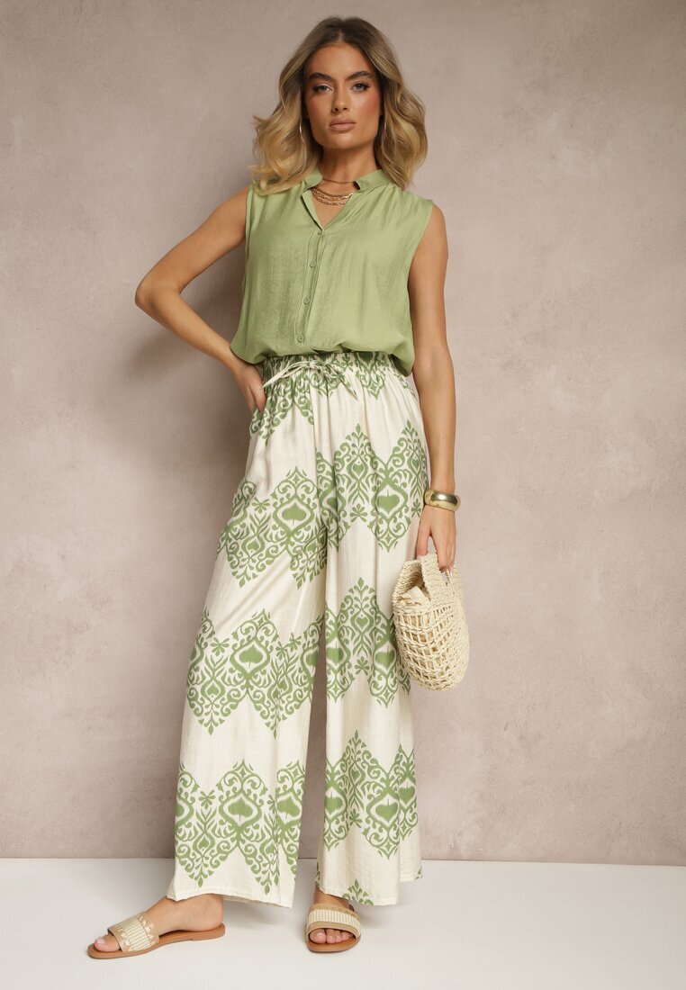 j&x Pantaloni verzi din Viscoză cu Croi Larg High Waist cu Imprimeu Boho Neolissea