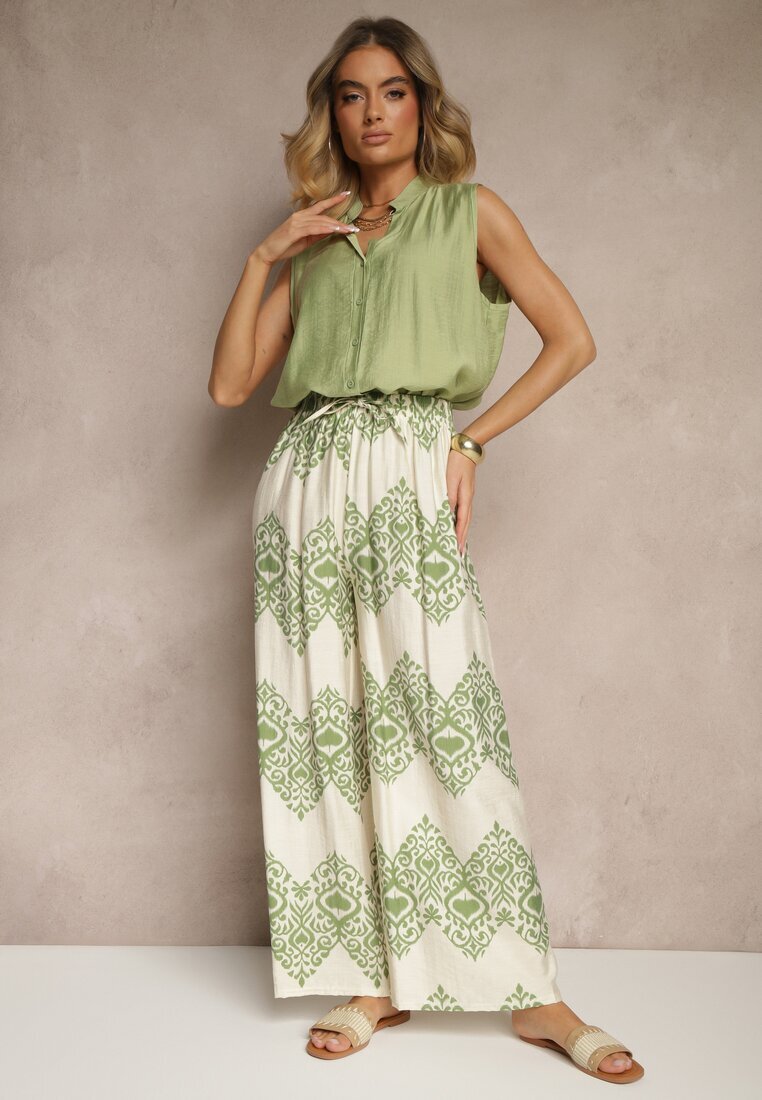 j&x Pantaloni verzi din Viscoză cu Croi Larg High Waist cu Imprimeu Boho Neolissea