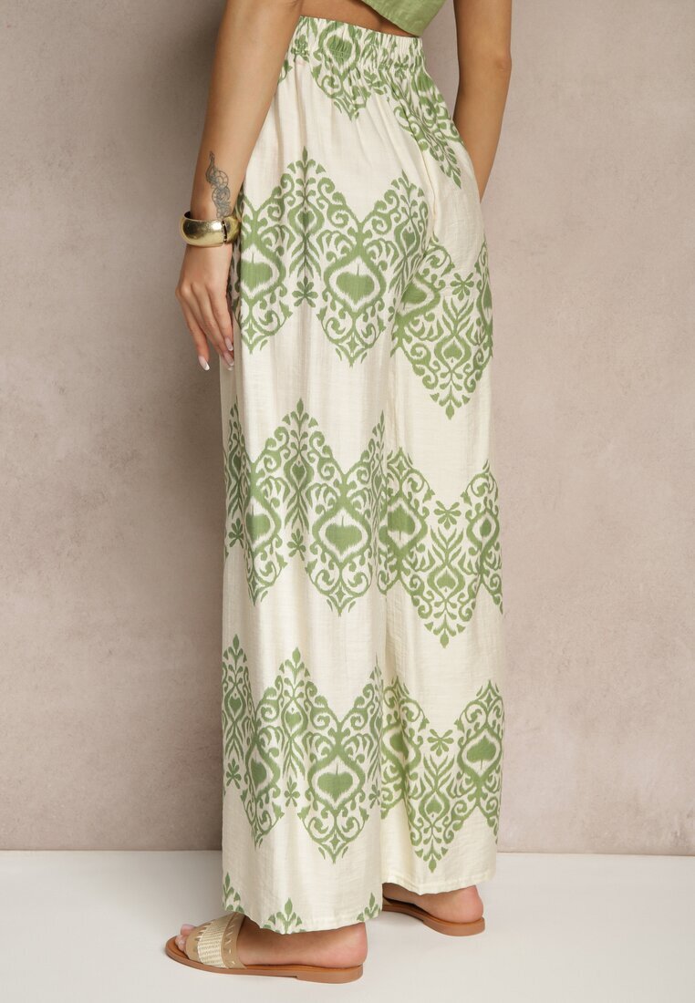 j&x Pantaloni verzi din Viscoză cu Croi Larg High Waist cu Imprimeu Boho Neolissea