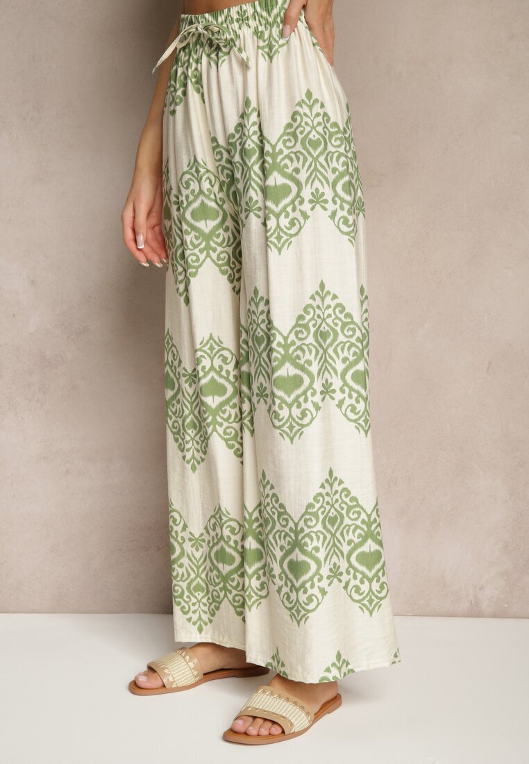 j&x Pantaloni verzi din Viscoză cu Croi Larg High Waist cu Imprimeu Boho Neolissea