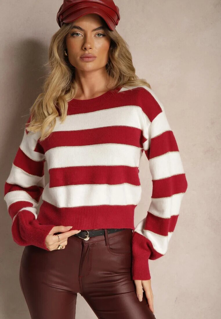 j&x Pulover Alb-Bordo cu dungi orizontale cu cusături de fir metalic Zinfarra