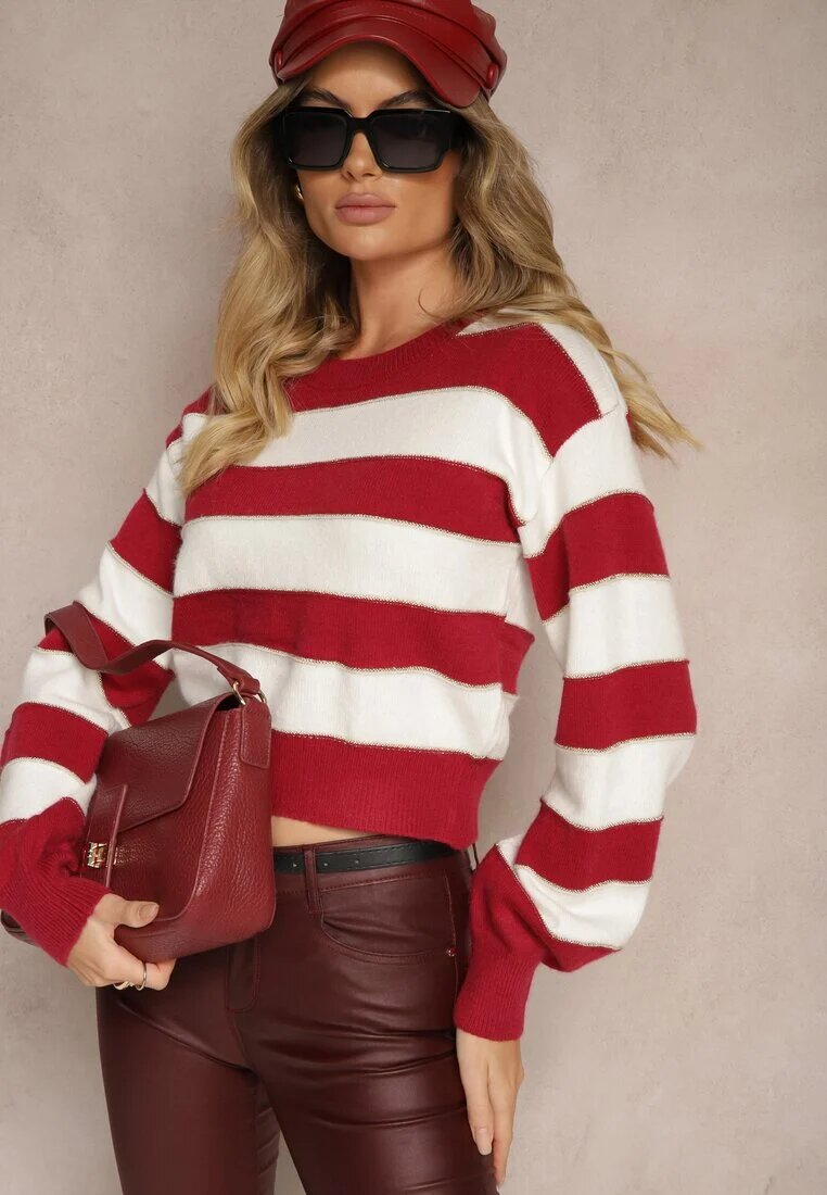j&x Pulover Alb-Bordo cu dungi orizontale cu cusături de fir metalic Zinfarra