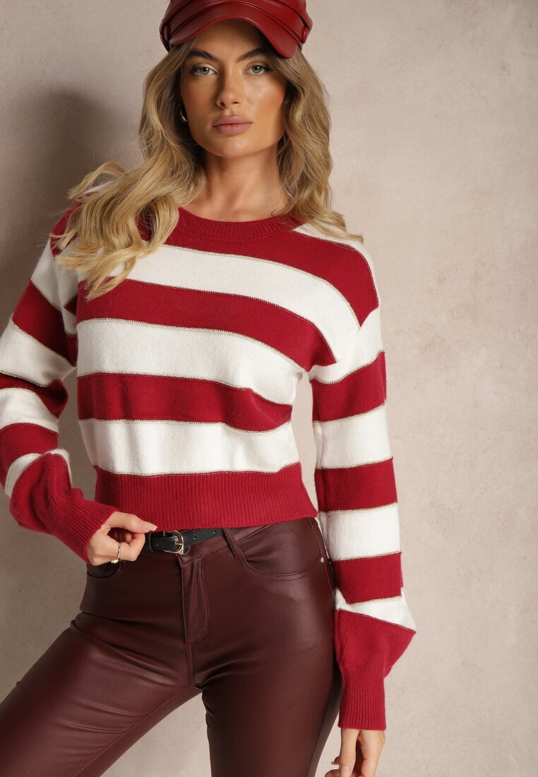 j&x Pulover Alb-Bordo cu dungi orizontale cu cusături de fir metalic Zinfarra